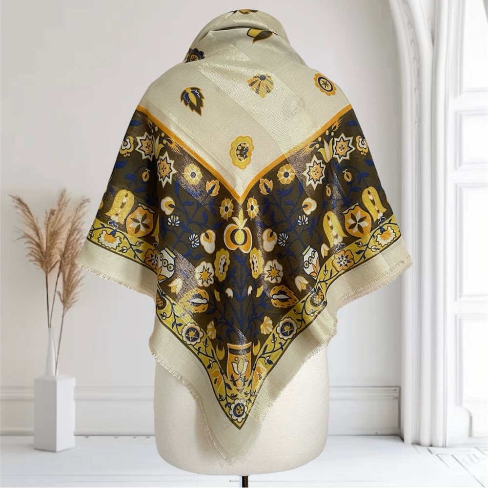 Vintage HOLT RENFREW 90s Floral Beige & Gold Large Oversized Wrap Scarf Italy